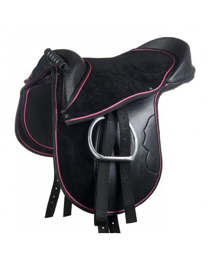 Selle shetland "Funny horse" noir liseret fuschia la halle aux minis