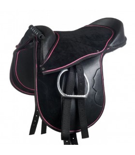 Selle shetland "Funny horse" noir liseret fuschia la halle aux minis